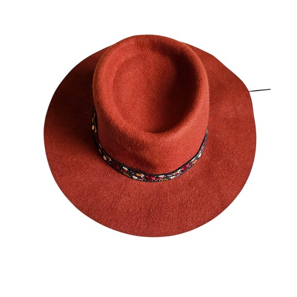 Lucky Brand Wool Western Fedora Hat Wide Brim Boho Floral Band Fall Winter Hat